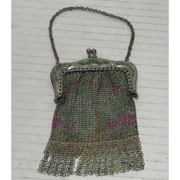 Antique Art Deco Metal Mesh Mini Handbag Purse Chainmail Silver Floral - Picture 1 of 15